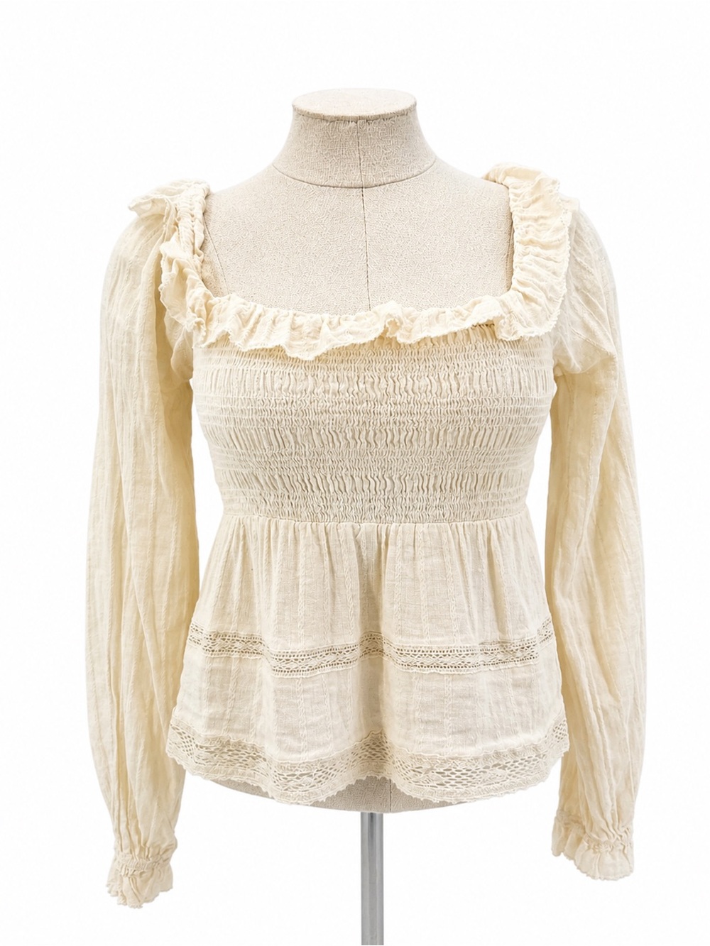American Eagle Smocked Blouse Top Eyelet Long Sleeve Cottage Size XS Coquette
